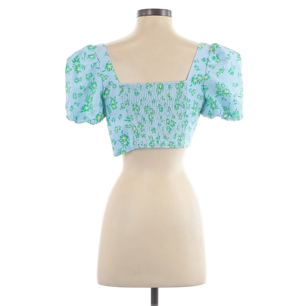 Zara Blue Floral Puff Sleeve Sweetheart Neckline Tie Front Crop Top - Picture 5 of 12